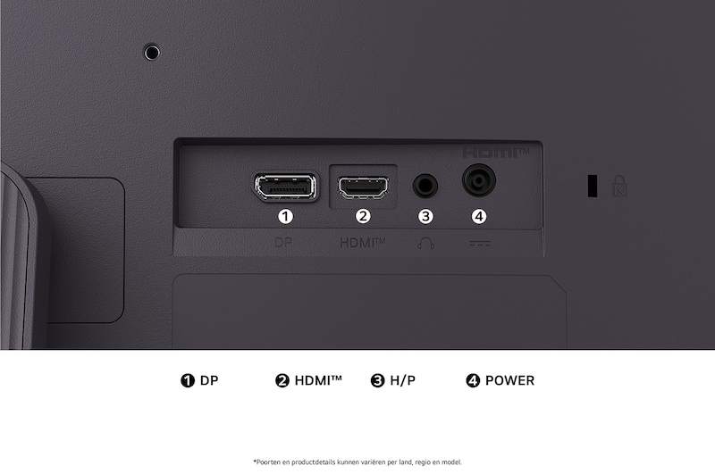 Achteraanzicht van de LG UltraGear™ Monitor 24G411A in Zwart, met de aansluitingssleuven, inclusief DisplayPort, HDMI™-poort en hoofdtelefoonuitgang (H/P).