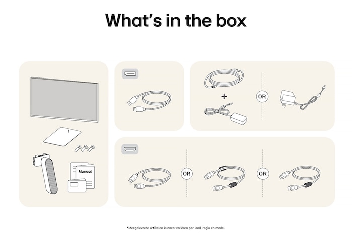 Alle meegeleverde onderdelen van de LG UltraGear™ Monitor 24G411A: Monitor, standaardonderdelen, handleiding, joystick-controller en aansluitkabels.