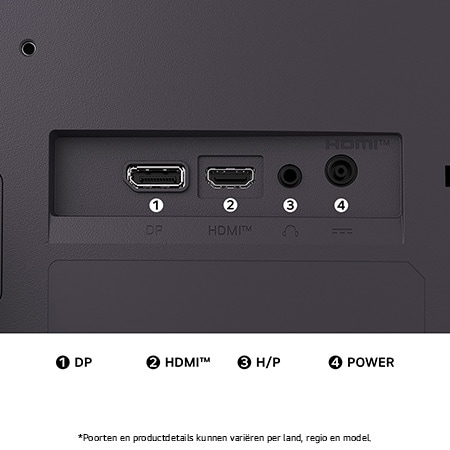 Achteraanzicht van de LG UltraGear™ Monitor 24G411A in Zwart, met de aansluitingssleuven, inclusief DisplayPort, HDMI™-poort en hoofdtelefoonuitgang (H/P).