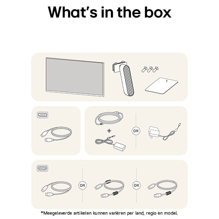 Alle meegeleverde onderdelen van de LG UltraGear™ Monitor 24G411A: Monitor, standaardonderdelen, handleiding, joystick-controller en aansluitkabels.