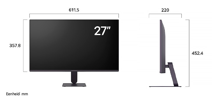 LG UltraGear™ Monitor 27G411A toont productafmetingen in voor- en zijprofiel, met een meting van 611.5 mm breedte, 357.8 mm displayhoogte, 452.4 mm totale hoogte en 220 mm diepte.