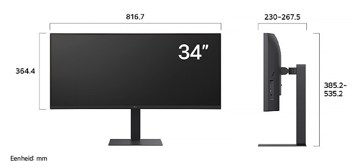 LG UltraWide™ Monitor 34U650A toont productafmetingen in voor- en zijprofiel, met een meting van 816.7 mm breedte, 364.4 mm displayhoogte, 358.2–535.2 mm totale hoogte en 230–267.5 mm diepte.