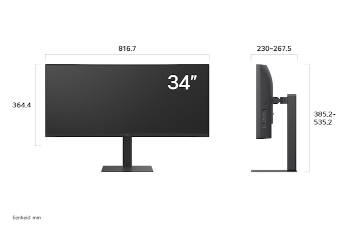 LG UltraWide™ Monitor 34U650A toont productafmetingen in voor- en zijprofiel, met een meting van 816.7 mm breedte, 364.4 mm displayhoogte, 358.2–535.2 mm totale hoogte en 230–267.5 mm diepte.