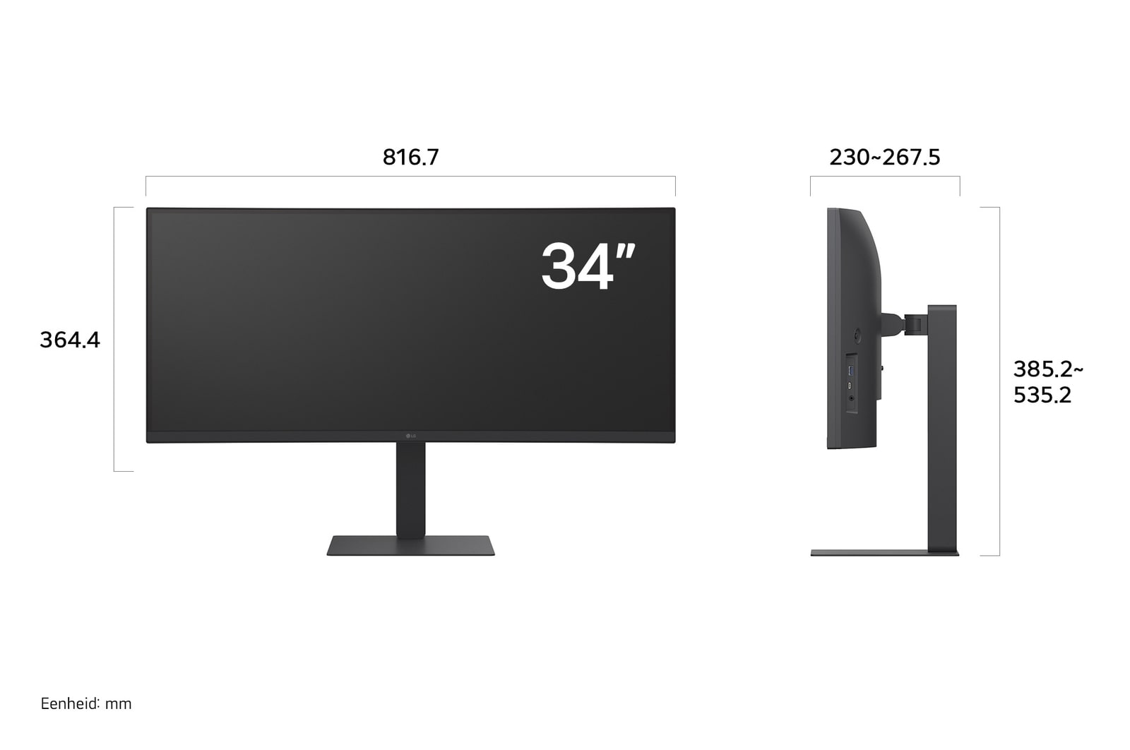LG UltraWide™ Monitor 34U650A toont productafmetingen in voor- en zijprofiel, met een meting van 816.7 mm breedte, 364.4 mm displayhoogte, 358.2–535.2 mm totale hoogte en 230–267.5 mm diepte.