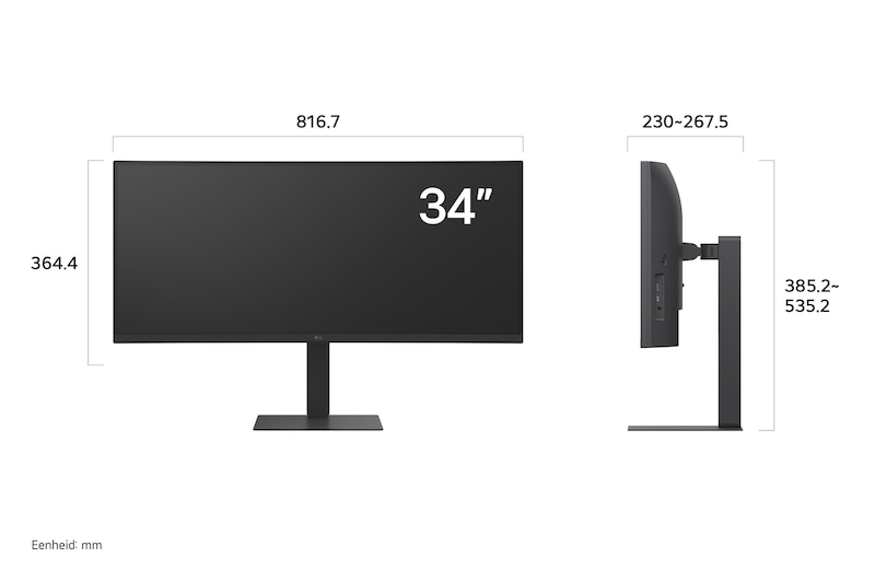 LG UltraWide™ Monitor 34U650A toont productafmetingen in voor- en zijprofiel, met een meting van 816.7 mm breedte, 364.4 mm displayhoogte, 358.2–535.2 mm totale hoogte en 230–267.5 mm diepte.