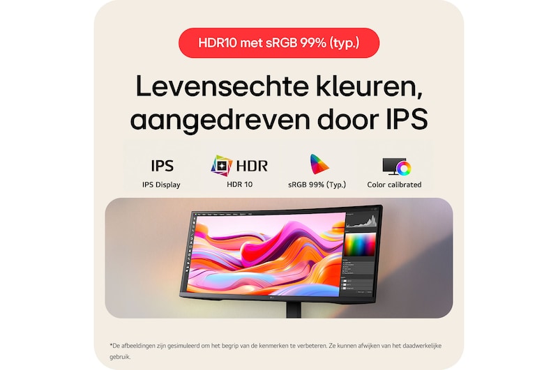 De LG UltraWide™ Monitor 34U650A levert realistische kleuren, geoptimaliseerd door IPS-technologie, met HDR 10-ondersteuning en fabriekskleurkalibratie (sRGB 99%).