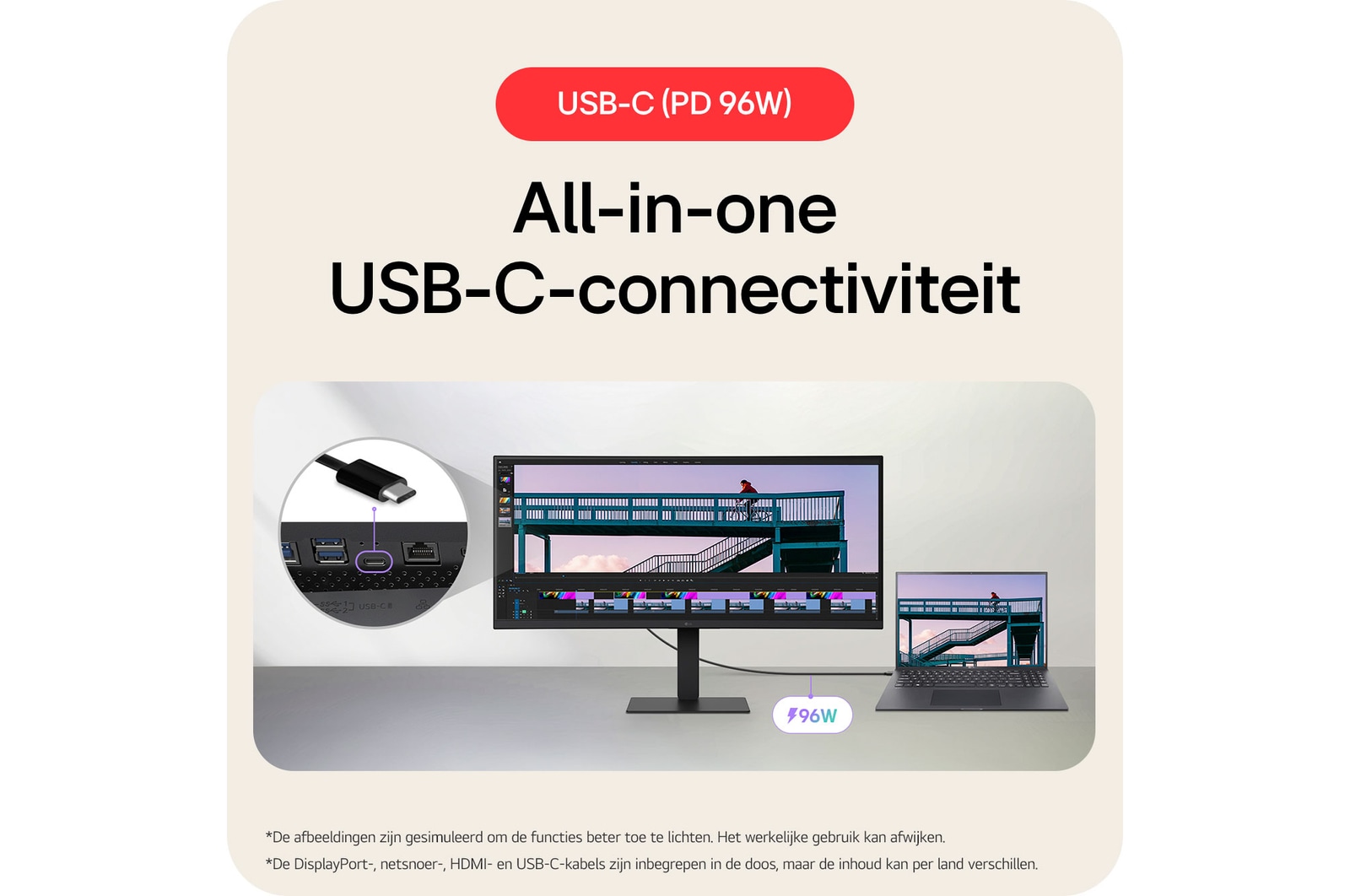 De LG UltraWide™ Monitor 34U650A biedt alles-in-één USB-C connectiviteit met 96W Power Delivery, waardoor data, video en opladen via één kabel mogelijk is.