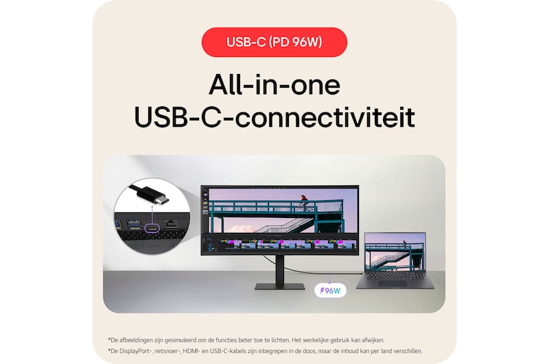 De LG UltraWide™ Monitor 34U650A biedt alles-in-één USB-C connectiviteit met 96W Power Delivery, waardoor data, video en opladen via één kabel mogelijk is.