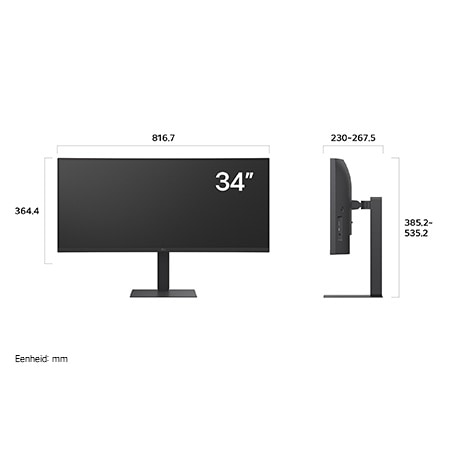 LG UltraWide™ Monitor 34U650A toont productafmetingen in voor- en zijprofiel, met een meting van 816.7 mm breedte, 364.4 mm displayhoogte, 358.2–535.2 mm totale hoogte en 230–267.5 mm diepte.