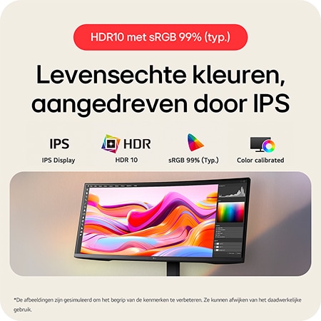De LG UltraWide™ Monitor 34U650A levert realistische kleuren, geoptimaliseerd door IPS-technologie, met HDR 10-ondersteuning en fabriekskleurkalibratie (sRGB 99%).