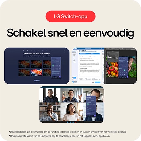 De LG UltraWide™ Monitor 34U650A maakt snel schakelen en gepersonaliseerde beeldinstellingen mogelijk met de Appli LG Switch voor multitasking en videoconferenties.