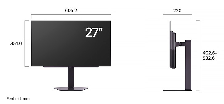 LG UltraGear Monitor 27GX704A toont productafmetingen in voor- en zijprofiel, met een meting van 605.2 mm breedte, 351.0 mm displayhoogte, 402.6~532.6 mm totale hoogte en 220 mm diepte.