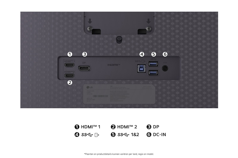 Achteraanzicht van de LG UltraGear Monitor 27GX704A in Mat Zwart, toont het minimalistische standaardontwerp en de HDMI en DisplayPort aansluitingen.