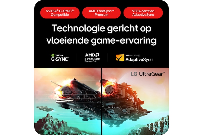 LG UltraGear Gaming Monitor 27GX704A, met NVIDIA G-SYNC Compatible en AMD FreeSync Premium voor een vloeiende, gesynchroniseerde game-ervaring.