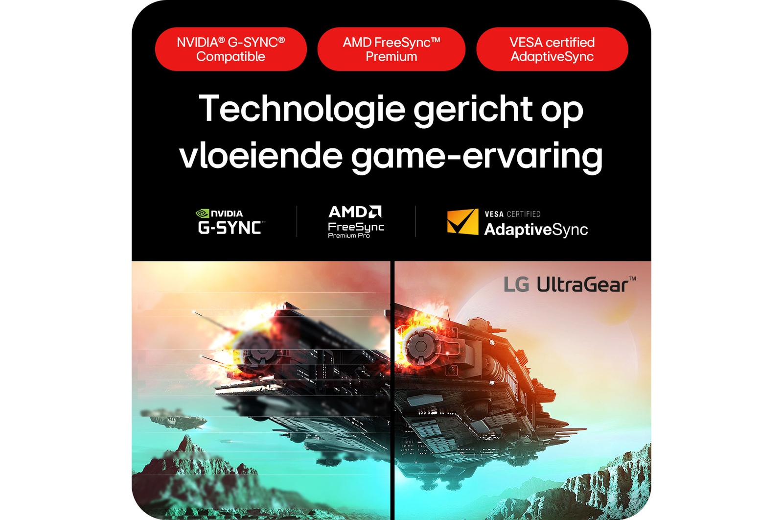 LG UltraGear Gaming Monitor 27GX704A, met NVIDIA G-SYNC Compatible en AMD FreeSync Premium voor een vloeiende, gesynchroniseerde game-ervaring.