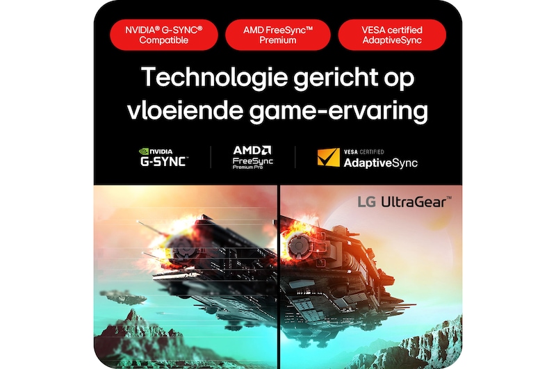 LG UltraGear Gaming Monitor 27GX704A, met NVIDIA G-SYNC Compatible en AMD FreeSync Premium voor een vloeiende, gesynchroniseerde game-ervaring.