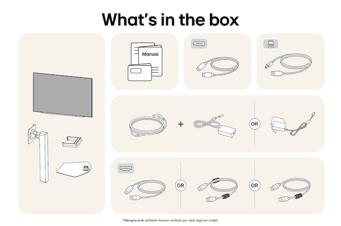 Diagram van de inbegrepen inhoud voor de LG UltraGear Gaming Monitor 27GX704A, met details over het monitorpaneel, standaardonderdelen en stroom- en signaalkabels (DisplayPort, HDMI, USB).