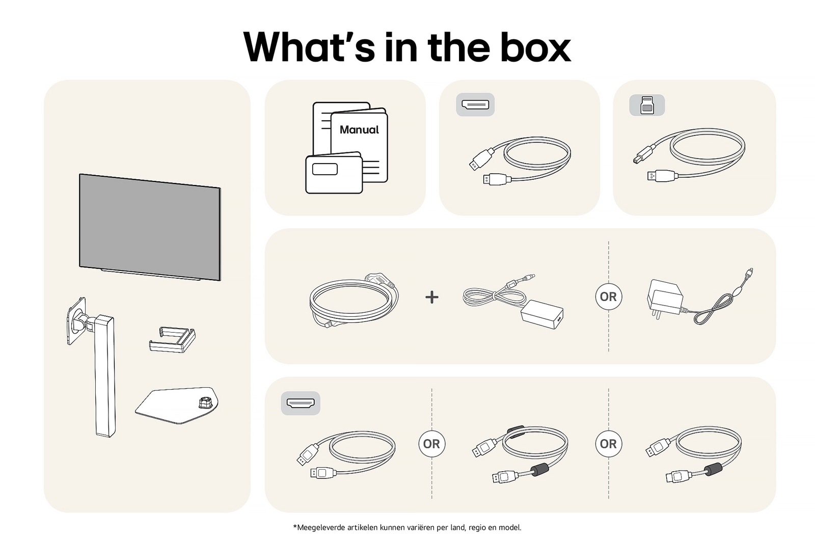 Diagram van de inbegrepen inhoud voor de LG UltraGear Gaming Monitor 27GX704A, met details over het monitorpaneel, standaardonderdelen en stroom- en signaalkabels (DisplayPort, HDMI, USB).