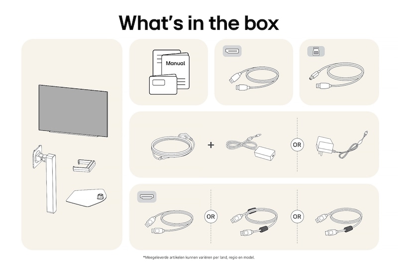 Diagram van de inbegrepen inhoud voor de LG UltraGear Gaming Monitor 27GX704A, met details over het monitorpaneel, standaardonderdelen en stroom- en signaalkabels (DisplayPort, HDMI, USB).