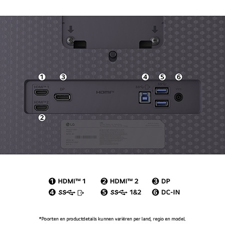 Achteraanzicht van de LG UltraGear Monitor 27GX704A in Mat Zwart, toont het minimalistische standaardontwerp en de HDMI en DisplayPort aansluitingen.