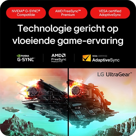 LG UltraGear Gaming Monitor 27GX704A, met NVIDIA G-SYNC Compatible en AMD FreeSync Premium voor een vloeiende, gesynchroniseerde game-ervaring.
