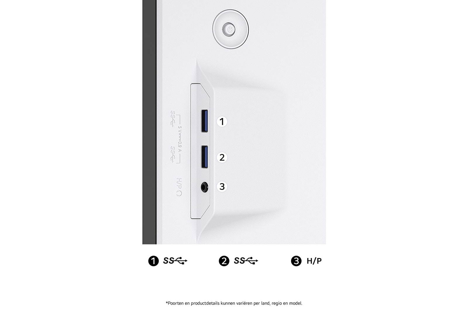 Zijpoortsectie van de LG UltraWide Monitor 49U950A in Wit, toont de gemakkelijk toegankelijke USB SuperSpeed downstream-poorten en de hoofdtelefoonaansluiting.