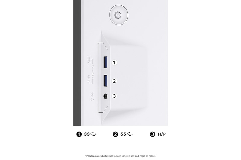 Zijpoortsectie van de LG UltraWide Monitor 49U950A in Wit, toont de gemakkelijk toegankelijke USB SuperSpeed downstream-poorten en de hoofdtelefoonaansluiting.