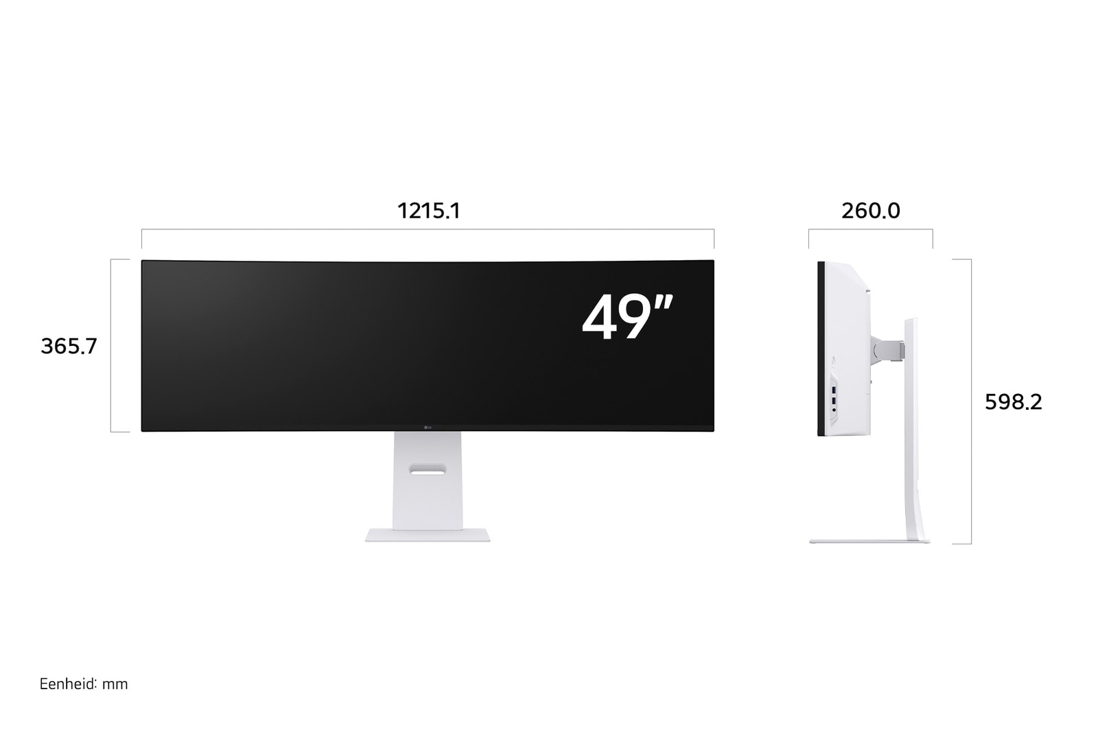 LG UltraWide Monitor 49U950A toont productafmetingen in voor- en zijprofiel, met een meting van 1215.1 mm breedte, 365.7 mm displayhoogte, 598.2 mm totale hoogte en 260.0 mm diepte.