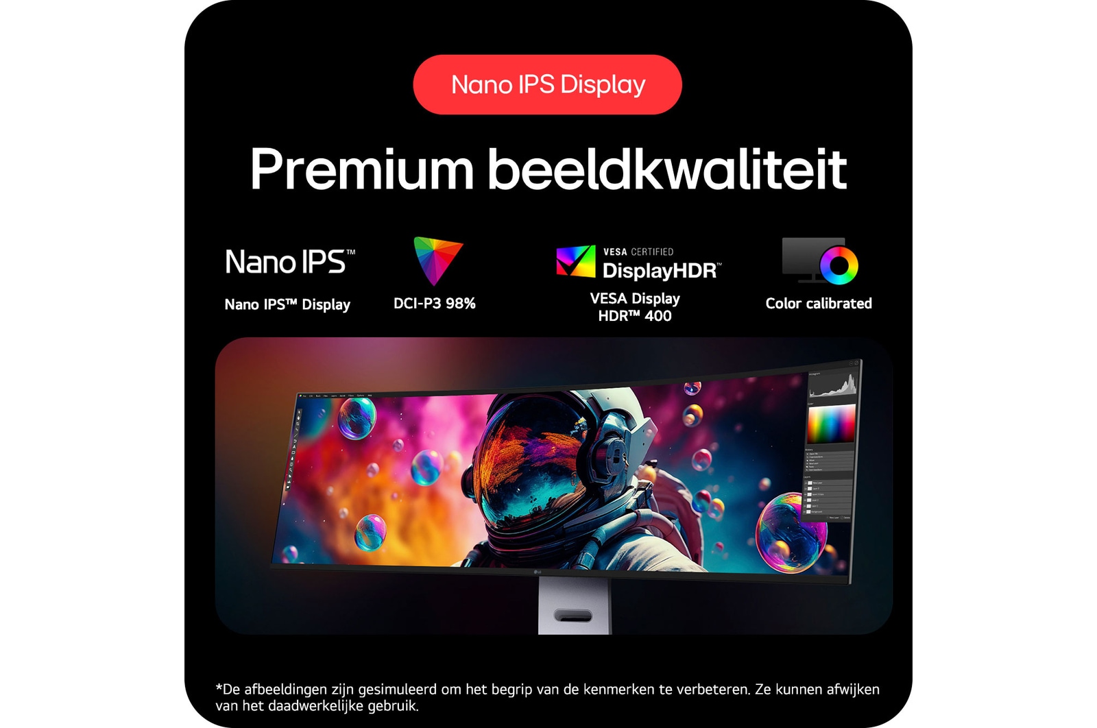 LG UltraWide Monitor 49U950A, met een Nano IPS-display, 98% DCI-P3 kleurengamma en VESA DisplayHDR 400 voor premium beeldkwaliteit.