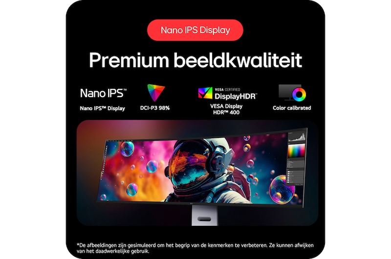 LG UltraWide Monitor 49U950A, met een Nano IPS-display, 98% DCI-P3 kleurengamma en VESA DisplayHDR 400 voor premium beeldkwaliteit.