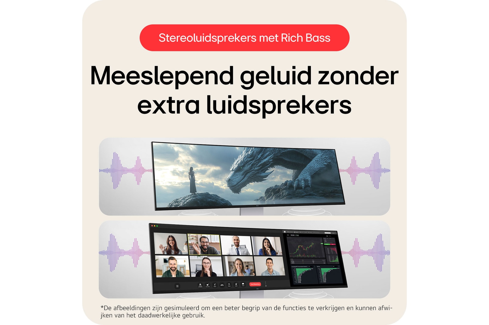 LG UltraWide Monitor 49U950A, met krachtige stereoluidsprekers met Rich Bass voor meeslepend geluid zonder externe apparatuur.