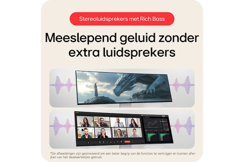 LG UltraWide Monitor 49U950A, met krachtige stereoluidsprekers met Rich Bass voor meeslepend geluid zonder externe apparatuur.