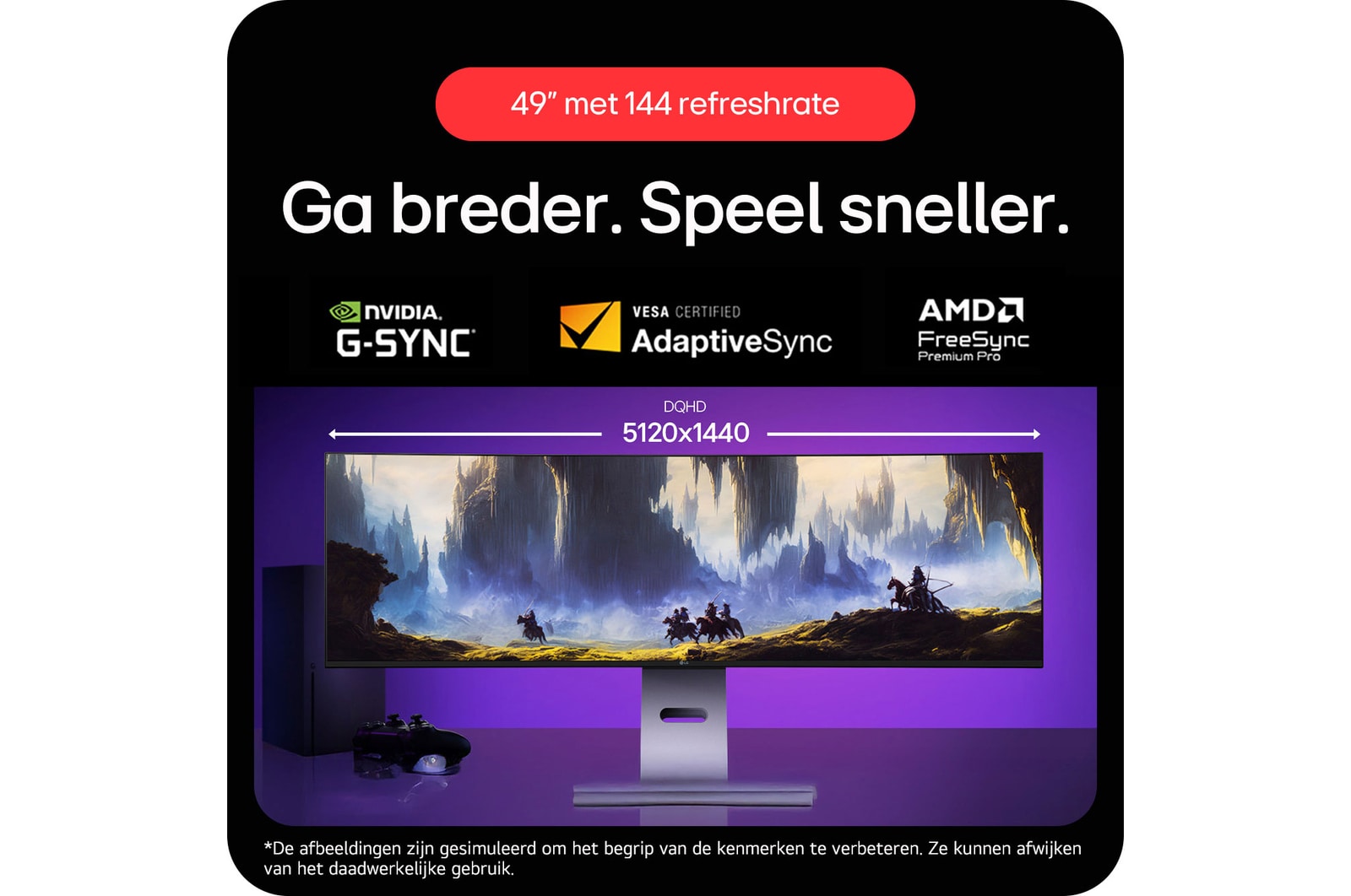 LG UltraWide Monitor 49U950A, met een 144Hz verversingssnelheid, NVIDIA G-SYNC Compatible en AMD FreeSync Premium Pro voor snelle, meeslepende games.
