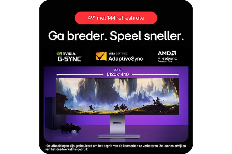 LG UltraWide Monitor 49U950A, met een 144Hz verversingssnelheid, NVIDIA G-SYNC Compatible en AMD FreeSync Premium Pro voor snelle, meeslepende games.