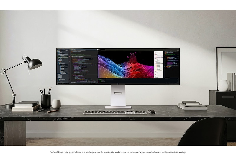 LG UltraWide Monitor 49U950A in Wit op een minimalistisch bureau, met meerdere code- en datavensters die de 49-inch schermruimte voor professioneel multitasken demonstreren.