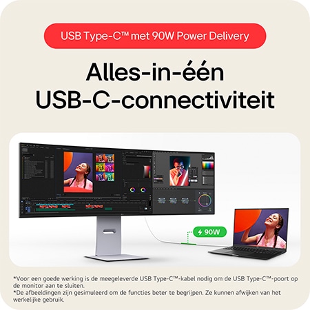 LG UltraWide Monitor 49U950A, met alles-in-één USB Type-C connectiviteit en 90W Power Delivery voor het opladen van aangesloten laptops.