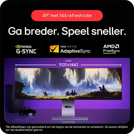 LG UltraWide Monitor 49U950A, met een 144Hz verversingssnelheid, NVIDIA G-SYNC Compatible en AMD FreeSync Premium Pro voor snelle, meeslepende games.