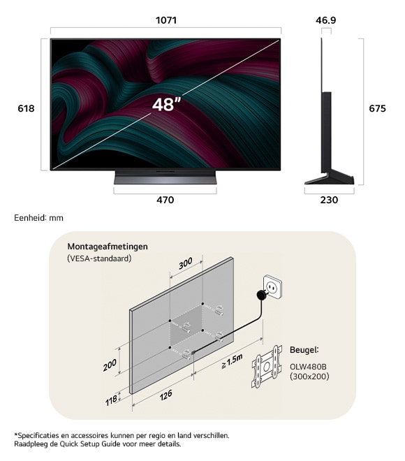 Afmetingsweergave van LG OLED evo AI C5 4K 48-inch, 1071×675×230 mm, panel 46.9 mm, VESA 300x200.