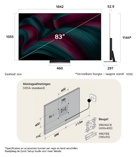Afmetingsweergave van LG OLED evo AI C5 4K 83-inch, 1842×1144×297 mm, panel 52.9 mm, VESA 400x400, lowest position 1096 mm.