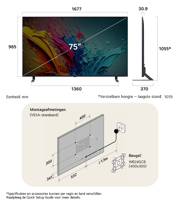 Afmetingsweergave van LG QNED MiniLED AI QNED85 4K 75-inch, 1677×1032×359 mm, panel 30.9 mm, VESA 400x300.