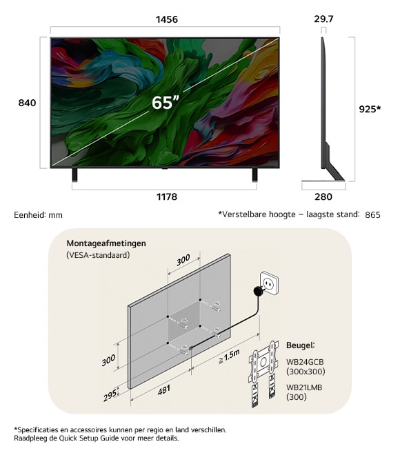 Afmetingsweergave van LG QNED MiniLED AI QNED85 4K 65-inch, 1456×904×295 mm, panel 29.7 mm, VESA 300x300.