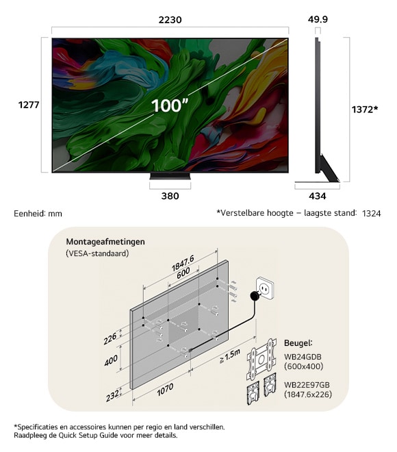 Afmetingsweergave van LG QNED MiniLED AI QNED86 4K 100-inch, 2230×1372×434 mm, panel 49.9 mm, VESA 600x400, lowest position