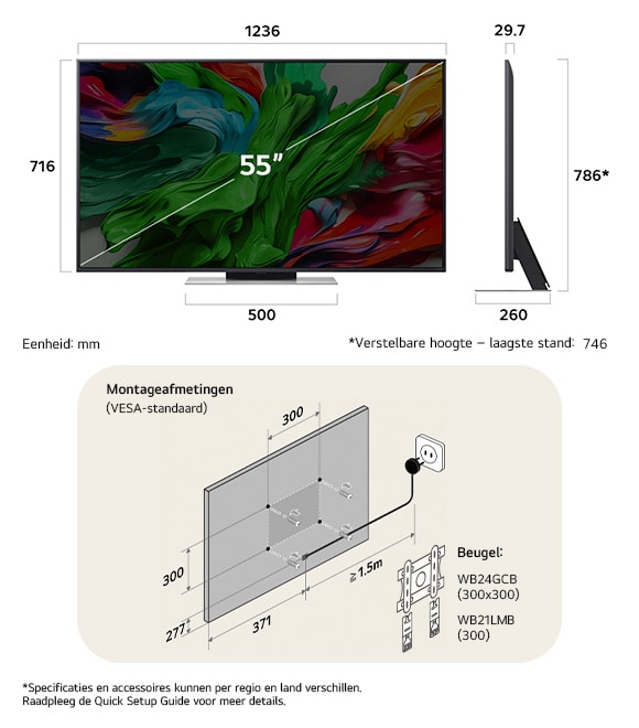 Afmetingsweergave van LG QNED MiniLED AI QNED86 4K 55-inch, 1236×786×260 mm, panel 29.7 mm, VESA 300x300, lowest position 74.