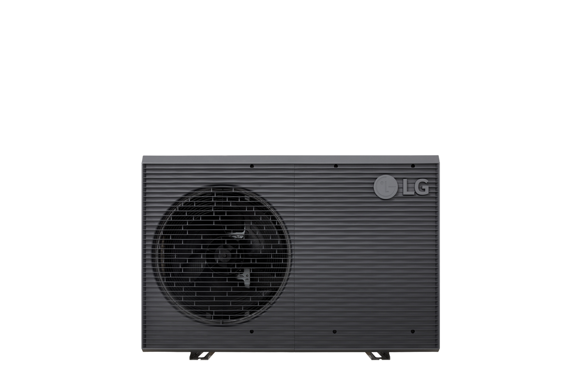 LG Air to Water Heat Pumps  HM091MRS UA40, front view of a black outdoor unit featuring a grey wavy grille.
