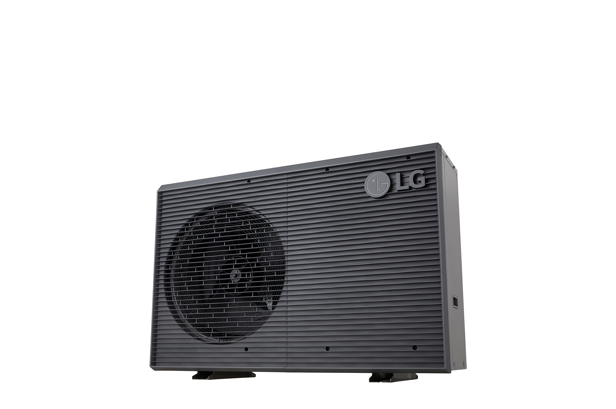 LG Air to Water Heat Pumps HM091MRS UA40, bottom-right view of a black outdoor unit featuring a grey wavy grille.