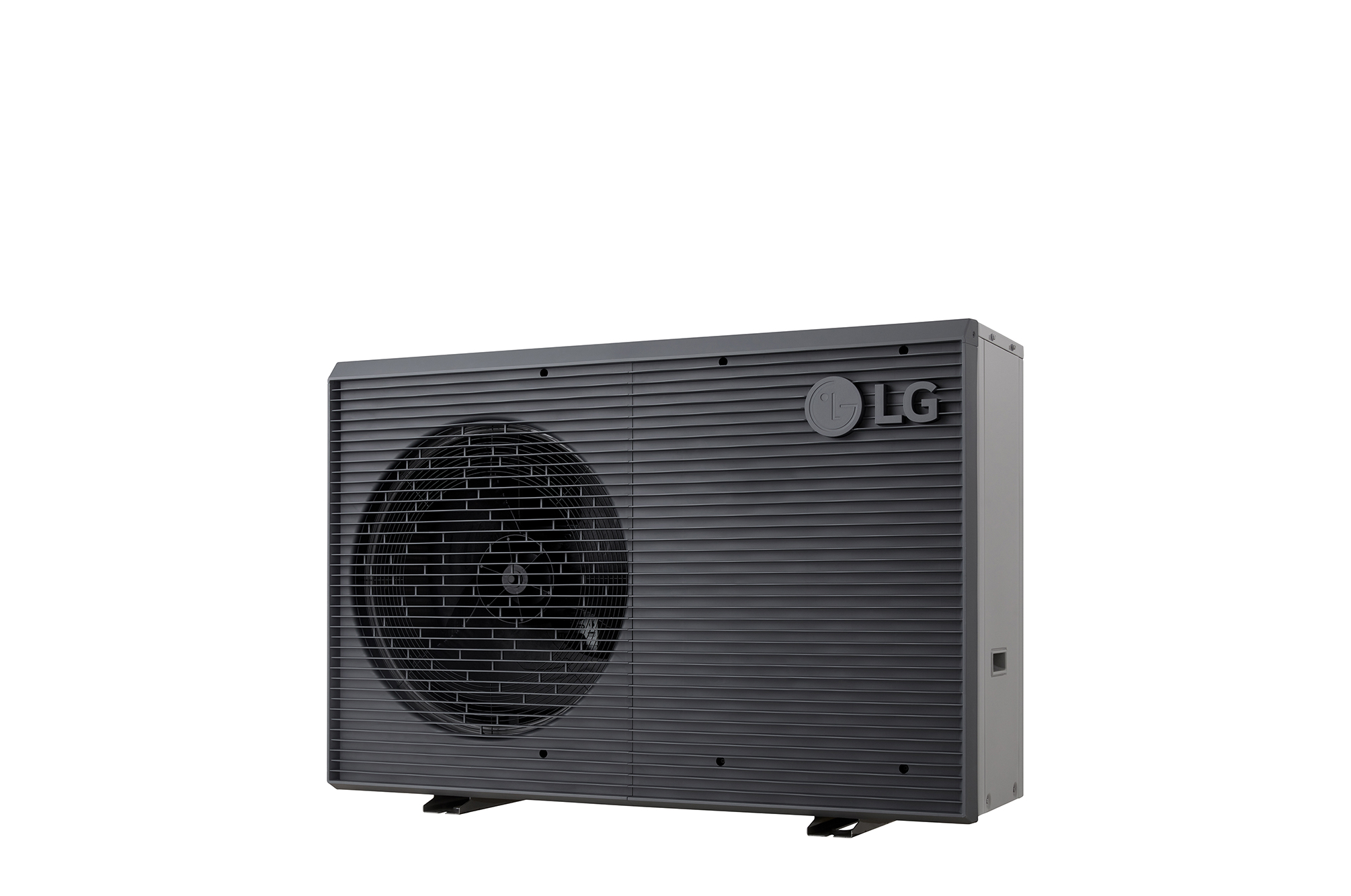 LG Air to Water Heat Pumps HM091MRS UA40, right angle view of a black outdoor unit featuring a grey wavy grille.