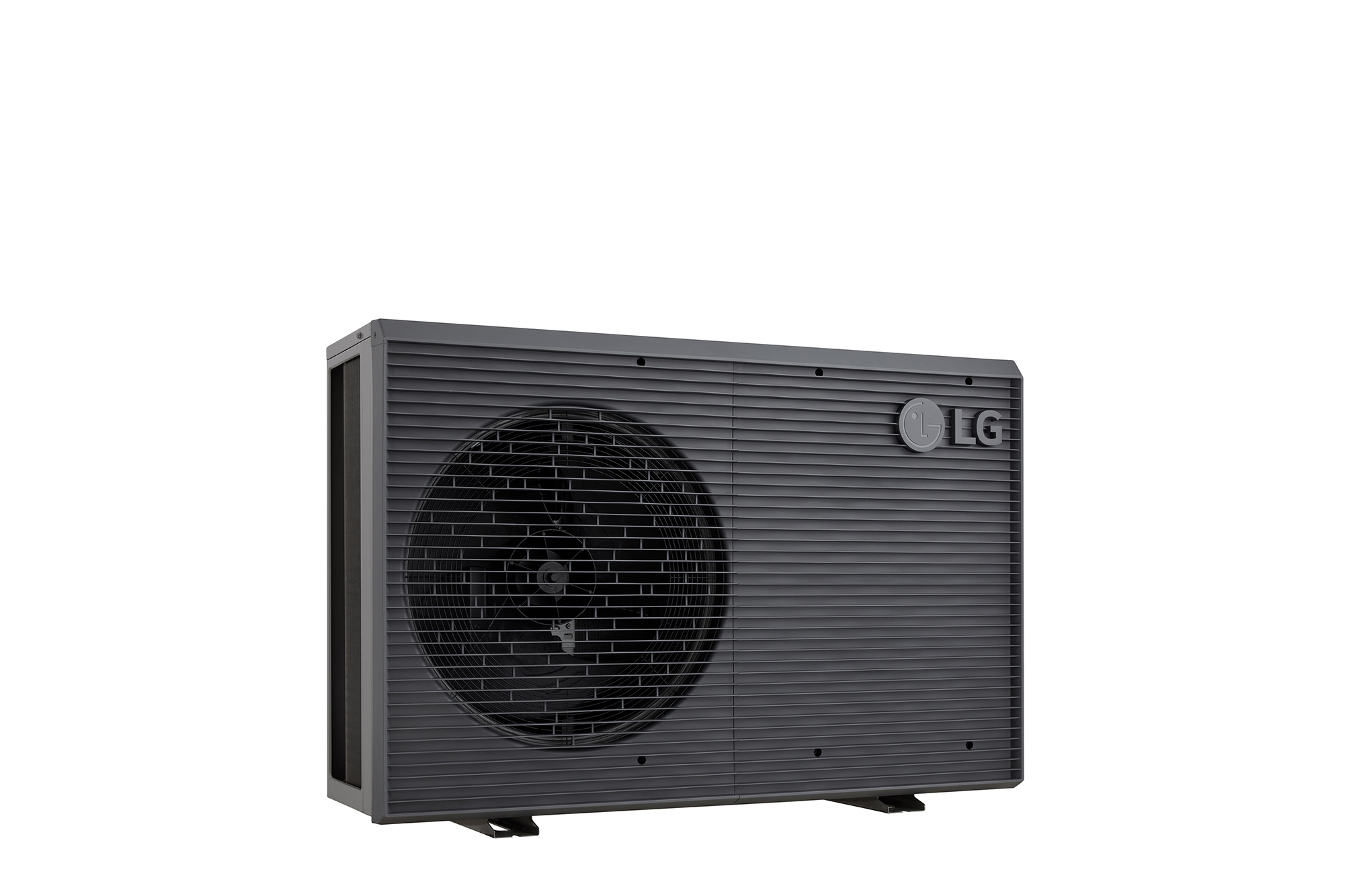 LG Air to Water Heat Pumps HM091MRS UA40, left angle view of a black outdoor unit featuring a grey wavy grille.