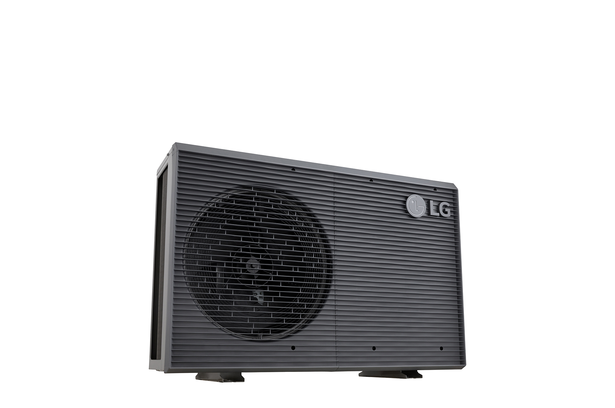 LG Air to Water Heat Pumps HM091MRS UA40, bottom-left side view of a black outdoor unit featuring a grey wavy grille.