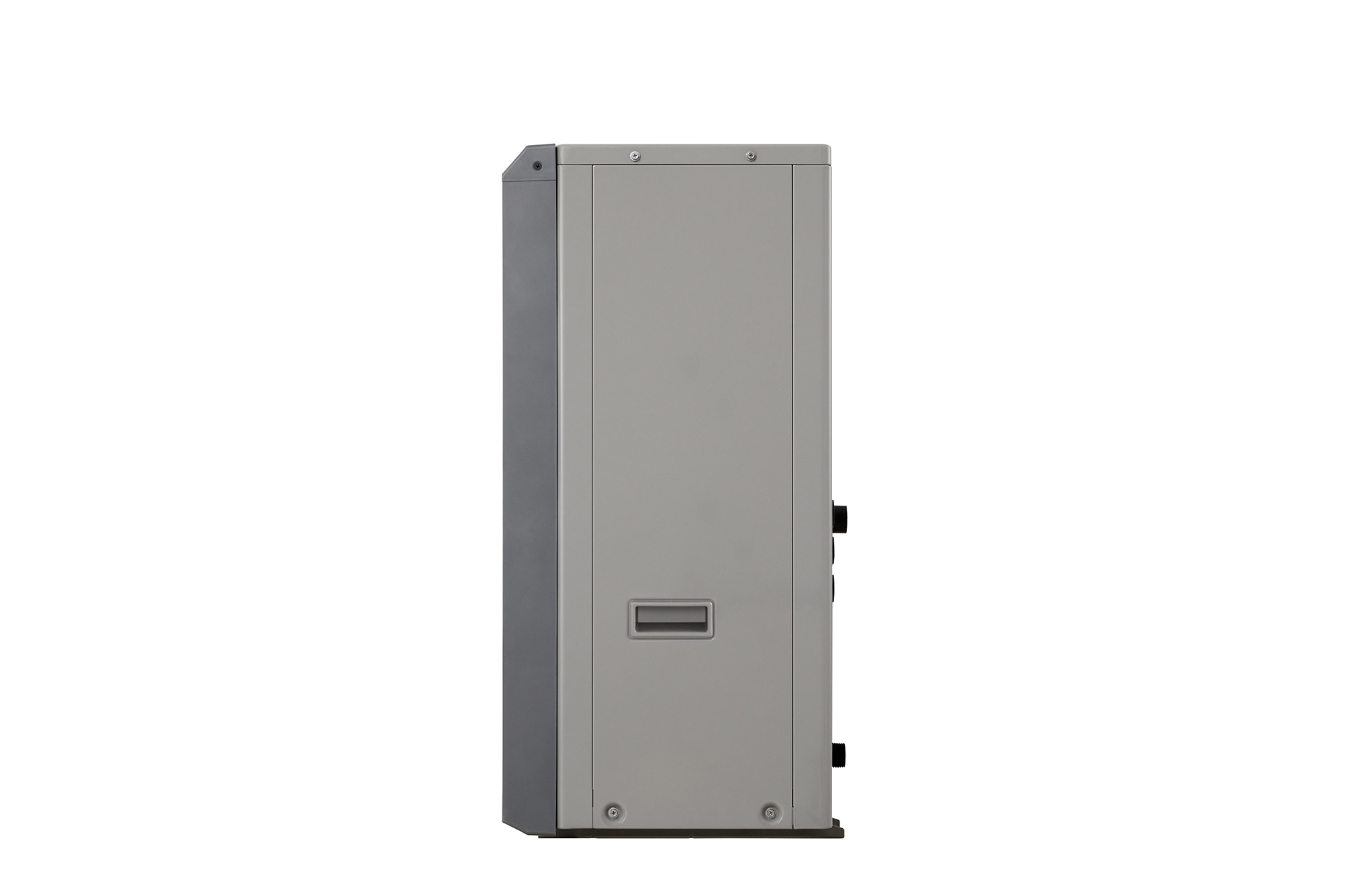 LG Air to Water Heat Pumps  HM091MRS UA40, right side view of a black outdoor unit featuring a grey wavy grille.