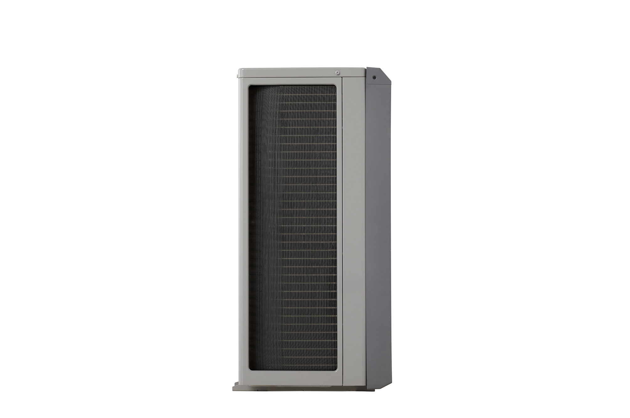 LG Air to Water Heat Pumps HM091MRS UA40, left side view of a black outdoor unit featuring a grey wavy grille.